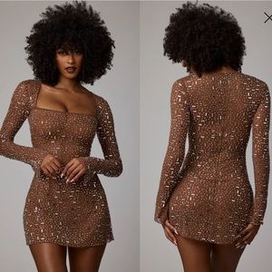 Zeta Sheer Embellished Long Sleeve A-Line Mini Dress